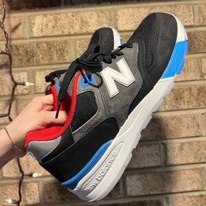 New Balance Mens 597 Classic Black Red Blue Sneakers